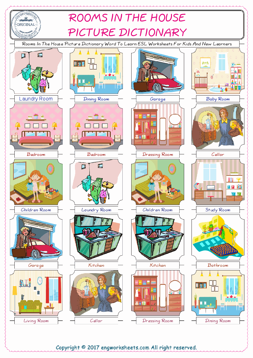  Rooms In The House English Worksheet for Kids ESL Printable Picture Dictionary 